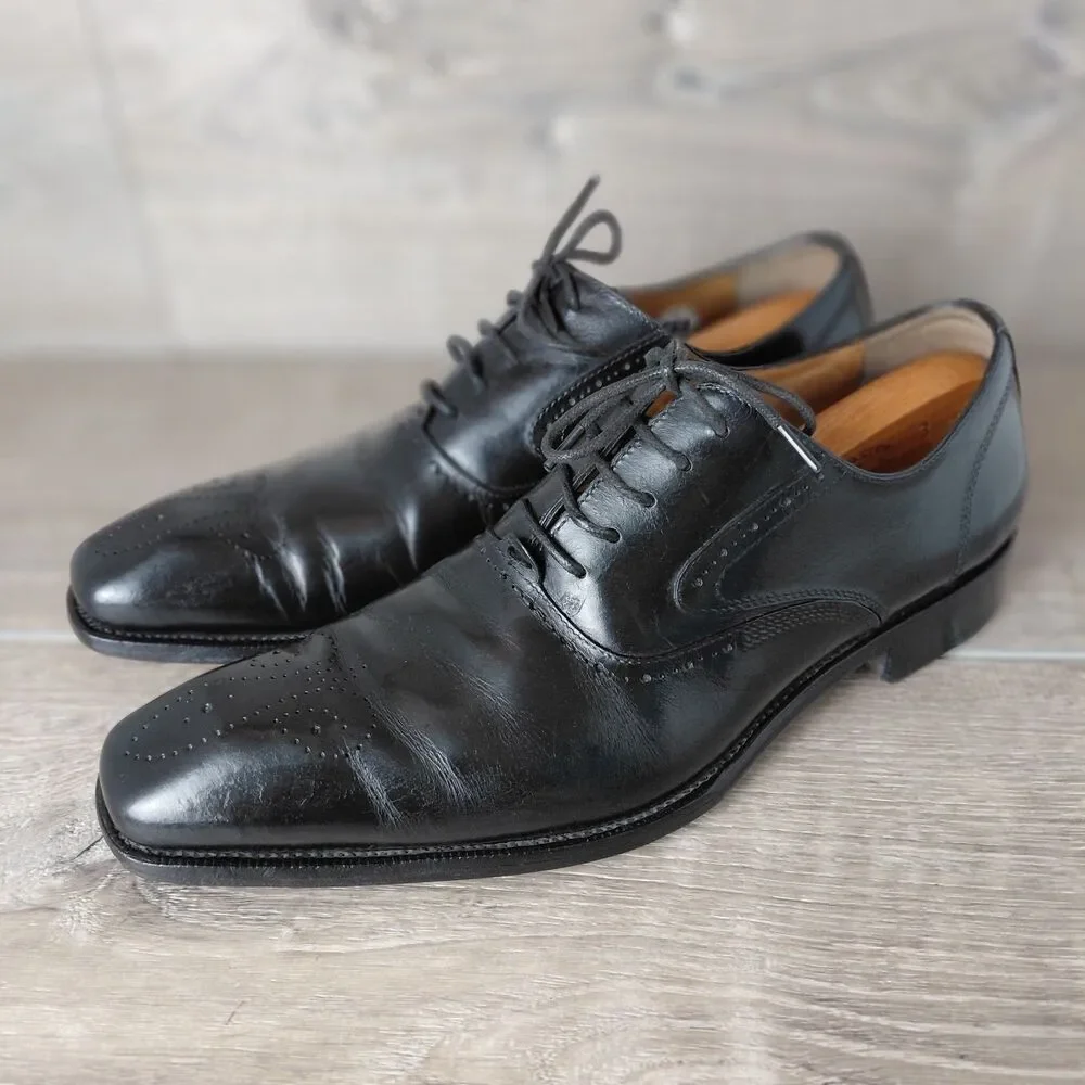 HERMES Paris Mens Black Leather Brogue Oxford Square Toe Dress Shoes Size 9